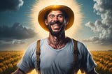 AI-generated image of a Caucasian farmer with a Halo around his head