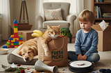 A child sitting on the floor next to a robot vacuum, while a cat lounges inside a grocery bag and a dog sleeps nearby in a cozy living room.