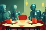 5 robots talking at a table