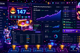 Futuristic enterprise SaaS dashboard floating in space, overloaded with gamification elements including a 147-day streak counter, reward chest, trophies, confetti, leaderboards, missions, XP, and badges around routine CRM and revenue-reporting panels.