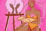 ilustração digital de uma moça negra de cabelos longos e cor de rosa pintando uma tela. Ela está com o godê na mão, de frente para a pintura