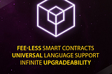 A tesseract which is the Koinos logo and a caption: Fee-less smart contracts, universal language support, infinite upgradeability, koinos.io