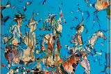 Shahriar Ahmadi, In the Search of Fire-stone, 2014. Collage on electric blue background with a horseman searching for the fire stone.