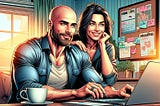 digital painting of a bald man with beard, and a woman relaxed together in an office