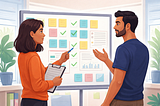 Two colleagues stand in front of a planning board covered with notes, checkmarks, and charts, discussing expectations and progress in a bright office, symbolizing the importance of clear leadership communication and alignment.