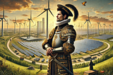 ChatGPT generated panoramic image of a Danish Knight/academic looking out over an energy megaproject