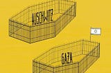 An image of two cages: one with a Nazi flag on it reading “Auschwitz” and one with an Israeli flag on it reading “Gaza”