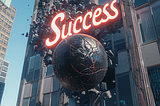 Skyscraper with a neon sign that says “Success”. A giant wrecking ball is hitting the building.