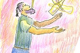 A drawing of a man juggling bottles