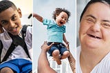 Three photos featuring a pre-teen boy in a wheelchair, a curly-haired toddler being playfully tossed into the air, and a smiling adult with Down syndrome.