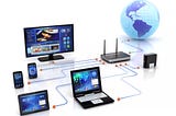 A picture consisting of multiple devices such as mobile, laptop, computer, router all connected to a common network.