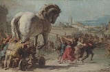An 18th Century painting depicting the citizens of Troy pushing and pulling the horse into their city.