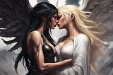 Raven haired and blonde female angels embracing each other and gently kissing. The former has black wings, the latter has white wings.