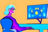 Modern, colorful and psychedelic image of woman in front of computer screen.