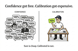 A split image contrasting a noisy crowd of identical “100%” speech bubbles on the left with a single calm designer marking “70%” on a flow on the right. It represents confidence becoming free while calibrated judgment stays scarce.