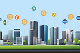 Commercial real estate buildings tokenized with security token symbols connected in the air above them.