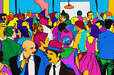 pop art painting of a crowded office party with many people
