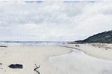 A wide beach of pale sand: a creek snakes across it towards the distant surf. To the right a rounded, dark headland. In the foreground, a tree branch and other debris.