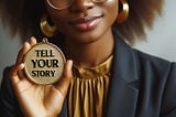 A business lady holding a sign that says she wants to tell the story of her business