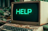 Green text of the word “HELP” on a black background, visible on the screen of an antique Apple II+ computer that’s rusty and surrounded by leaves.