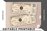 Platform 9¾ Tickets Canva Template, Hogwarts Express ticket template, Harry Potter Party invitations