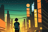 A illustration of two girls in futuristic night time, one looking at the camera and the other walking to the distance