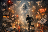 man running through a rainstorm of angels