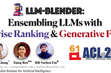 An image of the paper title and research team. Title — LLM-Blender: Ensembling LLMs with Pairwise Ranking & Generative Fusion. Researchers Dongfu Jian, Xiang Ren, and Bill Yuchen Lin. This was an ACL 2023 conference paper.
