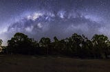 Photo of tree silhouette during night time, with Milky Way panorama above.