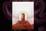 A golden door and steps on a swirling background