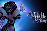 A silhouette of a stylized girl with a butterfly perched on her nose. Text reads Aurora Moon McKnight.