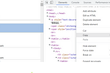 Screenshot of Google Chrome with dev tools console. Right-click a table cell in the Matching Identities column, select Copy, then select Copy Selector.