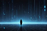 Pensive representation of a person standing alone in a dark room evoking digital emotion and loneliness through a high fidelity visual interpretation of isolation.