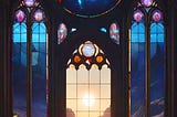 A piece of artwork of a large stained glass window, with a circle at the top with equal blue and orange, under is a doorway where the sun shines through and on both sides two enlongated windows of blue topped with three purple circles, there are two vases on each side filled with flowers, the floor reflects all the colors of the stained glass window