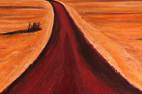 An oil painting of a long road in a red desert leading to no where.
