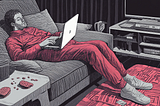 An illustration of a man in his pyjamas slouching on a couch at home, his laptop balancing on his knees, some food on the coffee table nearby.