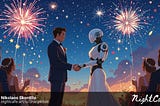A wedding ceremony between a human groom and a robot bride. Fireworks and sparkling stars can be seen in the background, and four human guests in the foreground.