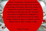 Background: Snow piled on thin tree limbs with red berries. Red circular text box in front of image. Text: What I’ve learned is that growth isn’t eternal. Periods of dormancy and recovery are normal and needed, just as the winter is needed for a beautiful spring. If I regret anything over the past year, it’s the guilt I put myself through for not being able to both recover and claw for survival. Those things could never have co-existed, and my shame about it didn’t change a thing.