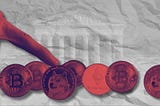 a row of Dogecoins over a translucent photo of the Supreme Court building