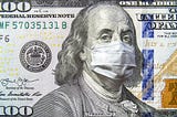 100 dollar bill with benjamin franklin wearing a medical mask