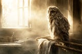 A thoughtful owl perches on a bathroom towel rack in the early morning while quietly observing the room as though preparing to offer important advice.