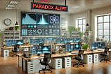 Modern office with large screens and large “paradox alert” sign.