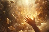 An ethereal educational scene where a small child’s hand reaches up toward a luminous protective dome. The dome is artistically crafted from overlapping books, diplomas, and educational symbols glowing with warm golden light that breaks through dark storm clouds above.