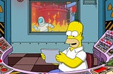 Homer Simpson on an iPad while nuclear power plant burns behind him