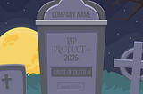Illustration of a tombstone with ‘RIP Product — 2025’ engraved, symbolizing a software product failing due to misused AI, minimalistic style