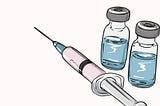A syringe and two small bottles of liquid