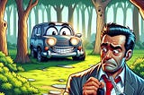 A tranquil park where an anthropomorphic car, sporting a mischievous grin and partially hidden behind a copse of trees, quietly chuckles. The car’s headlights peek out slightly, enjoying the game of hide and seek. In the foreground, a very worried-looking man holds car keys and scans the area with a panicked expression. He’s clearly distressed as he searches for the chuckling car.