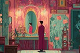An illustration of a person in an ellaborately decorated room wearing a red robe staring at their reflection in a large ornate gold mirror.