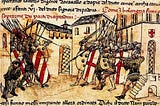 Depiction of a 14th C. fight between the militias of the Guelf and Ghibelline factions in the Italian commune of Bologna, from the Croniche of Giovanni Sercambi of Lucca.