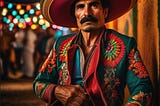A distinguished-looking older Mexican gentleman with a bushy mustache. He is wearing a colorful and traditional Mexican jacket and a large traditional sombrero. There are festive lights behind him.